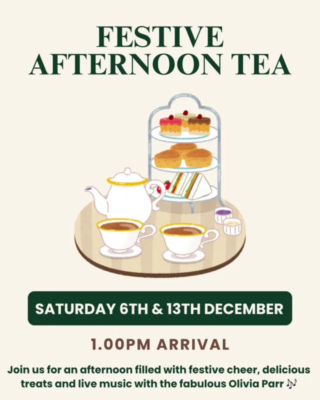✨ Festive Afternoon Tea with Live Music ✨

Join us for a magical afternoon filled with festive cheer, delicious treats and live music with the fabulous Olivia Parr 🎶

Enjoy a sumptuous selection of freshly prepared sandwiches, warm scones with cream & jam, and a tempting array of seasonal cakes and pastries - all served with your choice of teas or coffee (or a glass of bubbly for extra sparkle!) ☕️ 🧁

Saturday 6th & Saturday 13th December!

£22.50 per person, or £29.50 per person with a small bottle of Prosecco🥂

Ring 01744 894754 to book your table!
£10.00 per person deposit required to secure the booking.

#livemusic #festiveafternoontea #christmasathoughwood #festiveantics